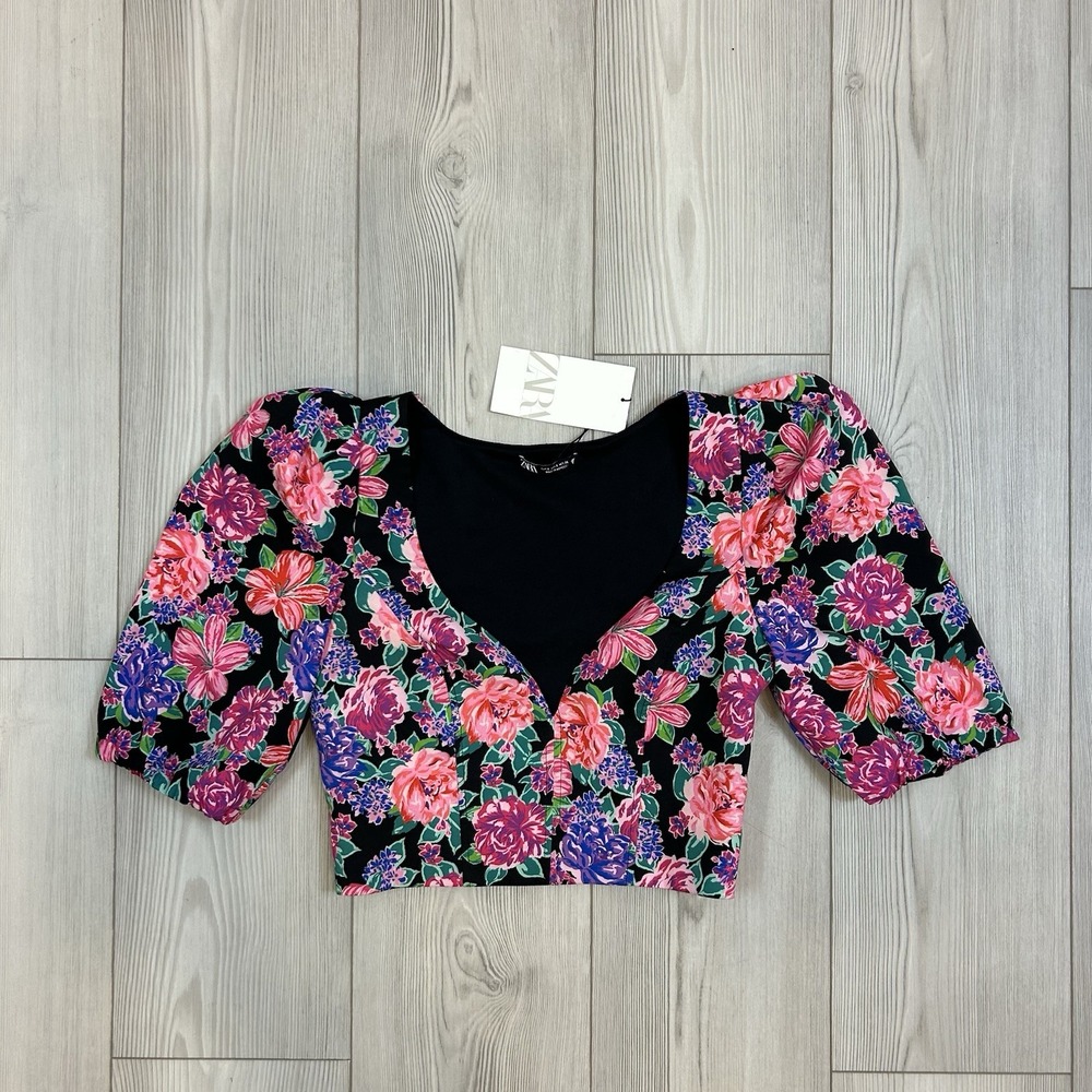 ZARA Colorful Floral Print Crop‎ Top Women's Size Small NWT Black Pink